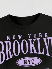 少女字母印花圆领长袖上衣和裤子套装 - 黑色 - 查看 5