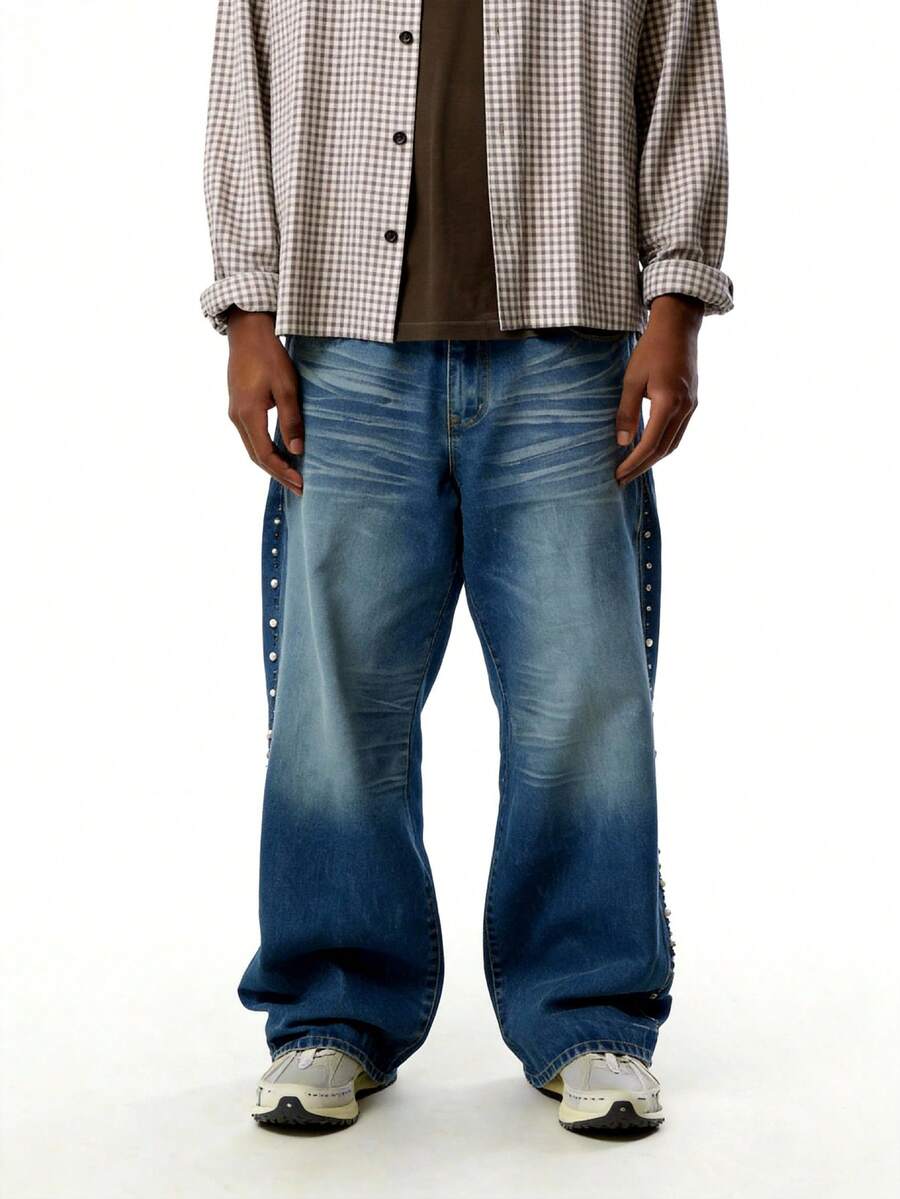 Men's Light Blue Washed Straight-Leg Jeans, Retro Y2K Style Minimalist Versatile, Suitable For All Seasons - Blue - View 1