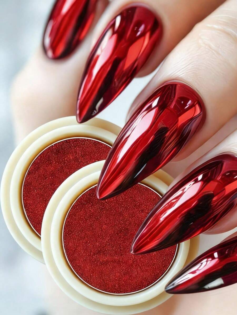 2 包红色魔镜粉 + 2 支眼影棒 - 优雅镜面美甲闪粉效果金属粉全息美甲装饰红色闪粉美甲材料 - 紅色 - 查看 1