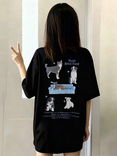 Women's Loose Fit Round Neck Short Sleeve T-Shirt With Puppy Letter Print, Spring/Summer