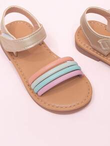 1 Pair Summer Party & Wedding Cute Striped Woven Hook And Loop Princess Style Lace Flat Sandals For Toddler Girls - Multicolor - View 5