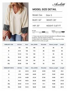 Acelitt 女士时尚迷彩图案拼接长袖宽松V领套头衫，秋季 - 米色 - 查看 5