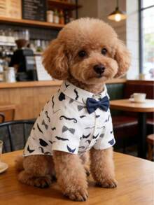 Gentleman Casual Bow Tie Stylish & Cute Multi-Color Denim Print Shirt For Small Dogs, Suitable For All Seasons, Anti-Shedding, Ideal For Cats, Pug, Pomeranian, Party & Holiday Outfit - Blue and White - View 12