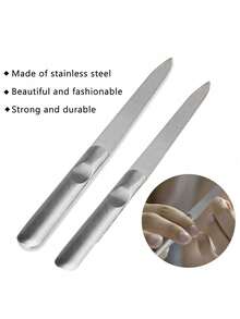1 pieza Lima de uñas de acero inoxidable de doble cara, mango cóncavo, lima de uñas de papel de lija, cortaúñas antideslizante - Plateado - Ver 5