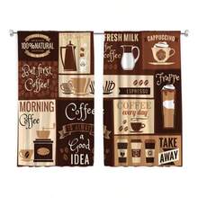 2片装棕色咖啡印花透光窗帘 - 杆袋式设计，方便悬挂，非常适合卧室、客厅、办公室和家居装饰。 - 彩色 - 查看 7