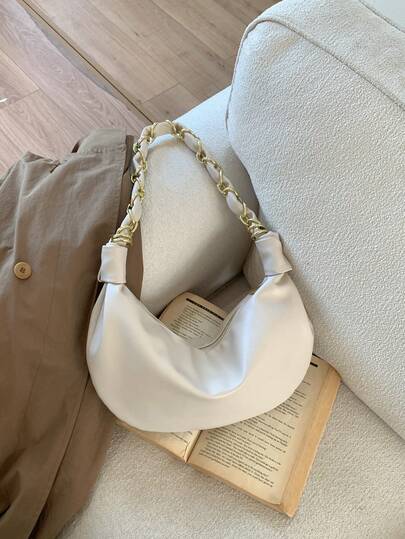 独特设计简约纯色腋下法棍包，时尚新月形手提包，春季新品