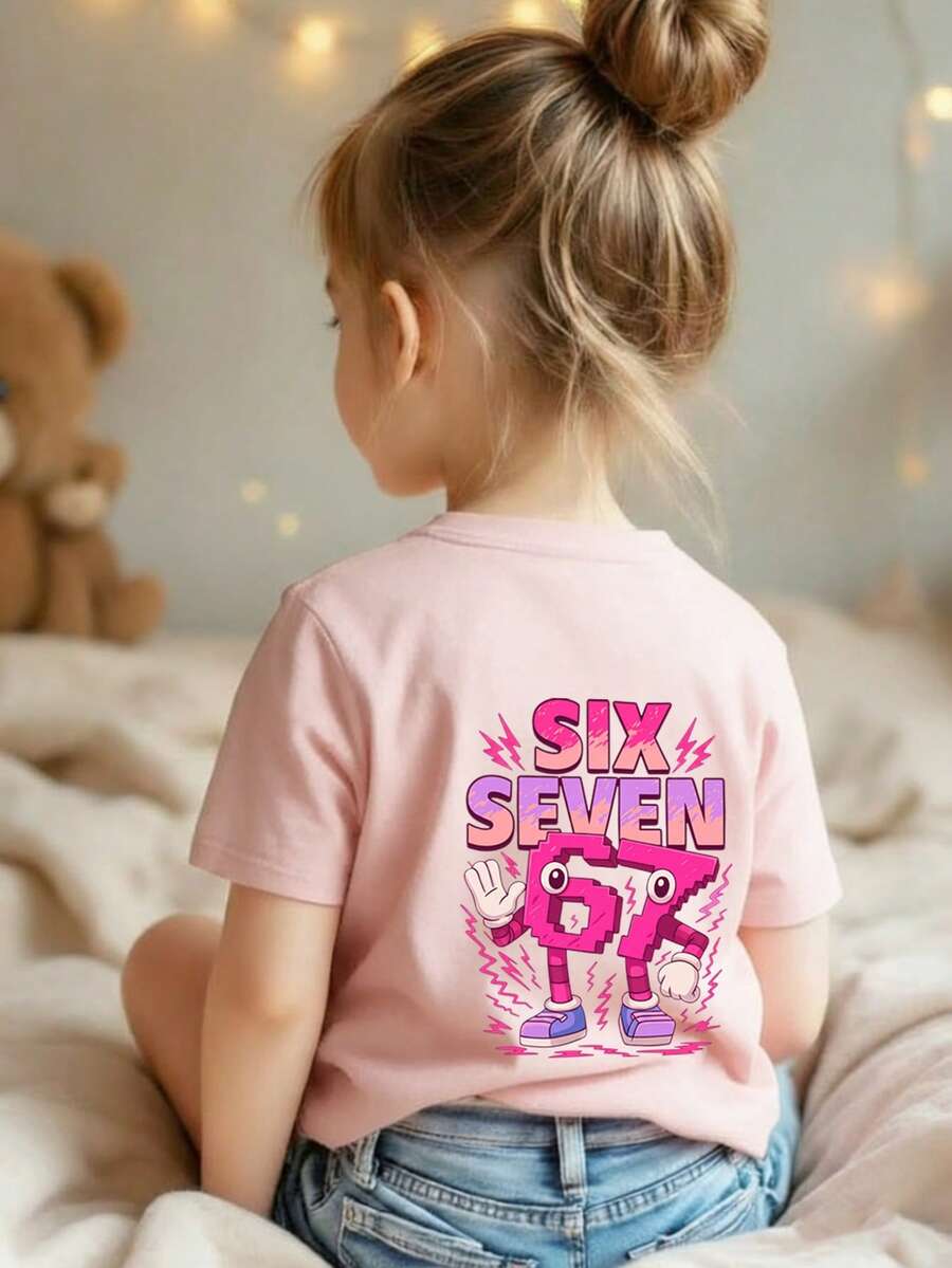 女孩夏季卡通标语图案T恤 - 粉色 - 查看 1