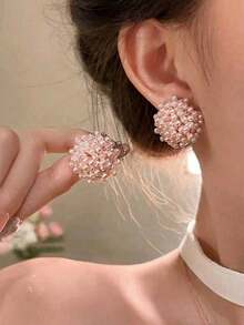 1 Pair Delicate Minimalist Fashion Woven Flower Stud Earrings, Suitable For Teenage Girls Daily And Festival Wear - Pink - View 2