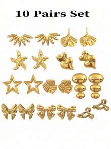 Stainless Steel Gold Earrings Set For Women, 4/6/8/10 Pairs Hypoallergenic Cute Bow Geometric Heart Studs Jewelry Gifts For Mother's Day - Multicolor - View 13