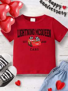 Disney Black Background Cars Lightning McQueen Print Kids' Short Sleeve T-Shirt - Playful And Cute Racing Style Top - Đỏ - Xem 5