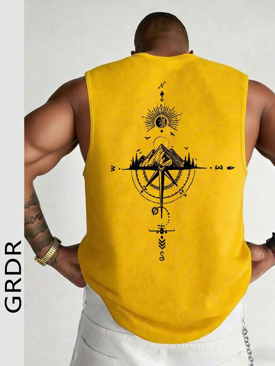 GRDR Camiseta de tirantes casual de verano para hombres con estampado de brújula y pico de montaña - Amarillo - Ver 1