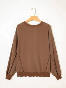 Acelitt Herbst einfarbiges, strukturiertes gestreiftes Langarm Lässig Loose Rundhalsausschnitt T-Shirt mit Bündchen - Braun - Übersicht 6