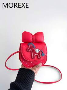 Bolso de mano mini de moda para mujer, bolso bandolera pequeño con solapa y bordado de dibujos animados con forma de media luna, bolso cruzado pequeño - Rojo - Ver 2