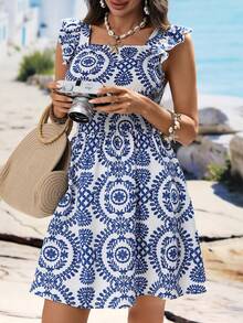 Women's Summer Ruffle Backless Tie Sleeveless Short A-Line Elegant Vacation Dress - Blue - View 6