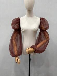 1件黑色网纱双层花瓣袖臂套，弹性长袖口，新娘款 - 彩色 - 查看 17