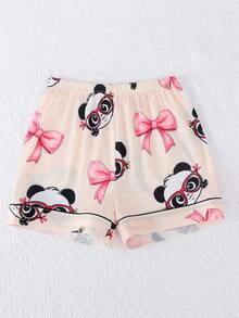 2pcs/Set Piyama Kasual Anak Perempuan Motif Panda dan Pita, Lengan Pendek dengan Kerah dan Celana Pendek, Cocok untuk Semua Musim - Aprikot - View 8