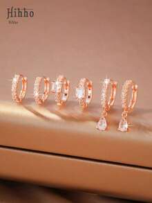 Hihho 6 件时尚优雅锆石镶嵌方形和圆形几何魅力耳环套装，包括圆形闪亮锆石吊坠耳环，镀玫瑰金，女士礼物 - 玫瑰金 - 查看 10