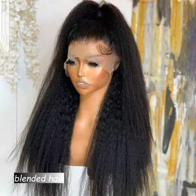 8-36英寸蓬松直发人发混纺假发，13x4透明蕾丝封顶，180%密度蓬松直发假发，无胶预剪蕾丝，自然黑