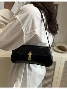 法式镜面腋下包，时尚手提单肩包，百搭单肩包，韩版女士手提包，简约新月形女士包，通勤包 - 黑色 - 查看 5