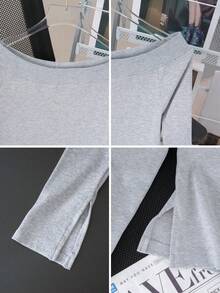 修身不对称肩部长袖针织上衣，性感斜领毛衣，女士春季款 - 灰色 - 查看 9