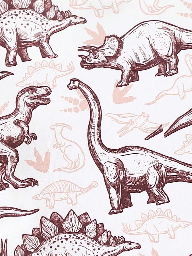 Set de 2 piezas de camiseta de manga corta con cuello redondo y estampado de dinosaurio por todo el diseño, y pantalones cortos de patchwork para niño pequeño, adecuado para verano, deportes, uso casual, diario, al aire libre, escuela - Negro - Añade 5