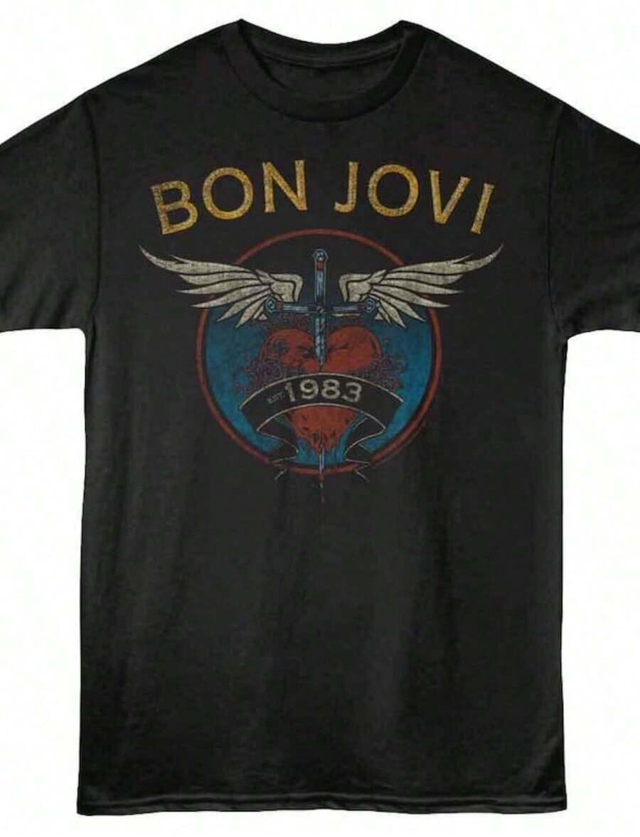 Bon Jovi Est 1983 Black T-Shirt-Unisex Relaxed-Fit Cotton Blend New Arrival Casual Crew Neck Long-Sleeve T-Shirt - Black 3 - 查看 1