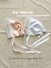 1pc Royal Style Pink Shiny Fabric Baby Bonnet, 0-3M 3-6M Months, Pink Satin Cotton - 1PC - View 9