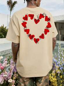 Fractyr Fractyr Men's Summer Fashion Minimalist Street Style Heart Print Round Neck Short Sleeve T-Shirt | Basic Casual Streetwear Boyfriend/Husband Gift - Apricot - View 1
