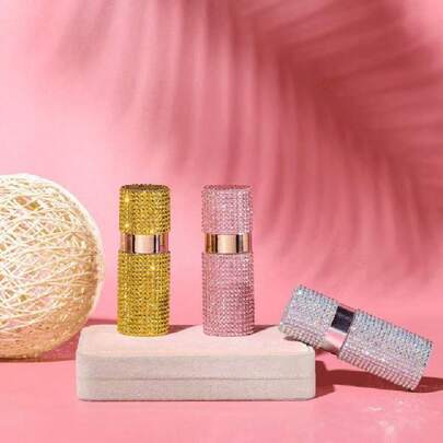 1 قطعة رذاذ عطر محمول مرصع بالراين ستون، تصميم أسطواني لامع فاخر، زجاجة رش قابلة لإعادة التعبئة للعطور، مثالية لعيد الحب والاستخدام اليومي