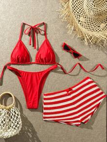2026春夏新款女士纯色露背吊带性感比基尼上衣，侧边系带三角泳裤套装，钩针编织面料吊带泳衣，适合情人节、海滩度假等场合。 - 紅色 - 查看 4