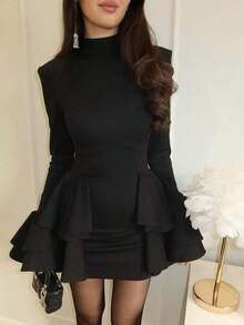 Women's Elegant Solid Color Multilayer Ruffle/Frill Formal Evening Dress, Knit Fabric Black Spring - Black - View 4