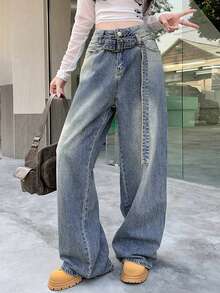 Y2K Style Minimalist Versatile Women's Jeans, Suitable For Casual Daily Wear (Including Belt) Spring - Dark Wash - View 3