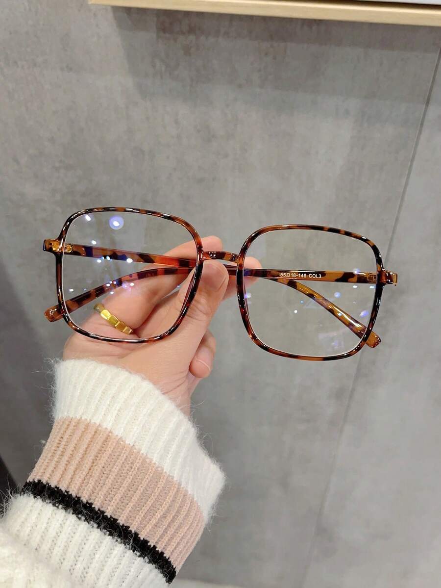 1副女士豹纹方形PC框复古超大无度数眼镜，时尚