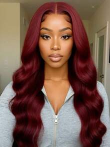 10-36 Inch Human Blended Hair Wig Body Wave Lace Front Wigs 180% Density 13x4 Pre Plucked HD Front Lace Wig Natural Hairline With Baby Hair Glueless Wigs For Women 99J Burgundy - S99J/BUG - View 4