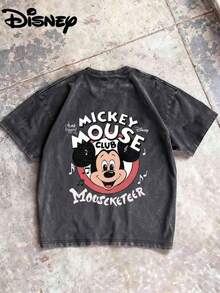 (230 G Pure Cotton T-Shirt)Disney  The Popular American Retro Style Mickey Mouse Club Theme Vintage Washed T-Shirt Retro Washed Street Fashion Casual T-Shirt,100 Percent Cotton.Retro Washed T-Shirt , Men's T-Shirt, Men's Casual, Comfortable, Fashionable T-Shirt, Street Style Cotton - 黑色 - 查看 2