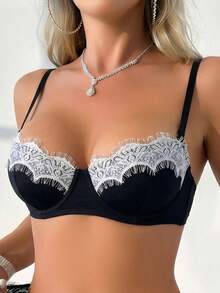 1 Set Of 2pcs Lace Sexy Push-Up Bra And Panty Set For Women - Black - View 5