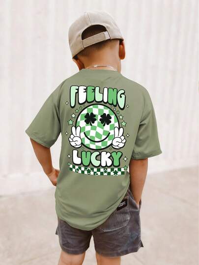[St. Patrick's Day] Tween Boys Students Casual Printed Crew Neck Short Sleeve T-Shirt, Summer Top