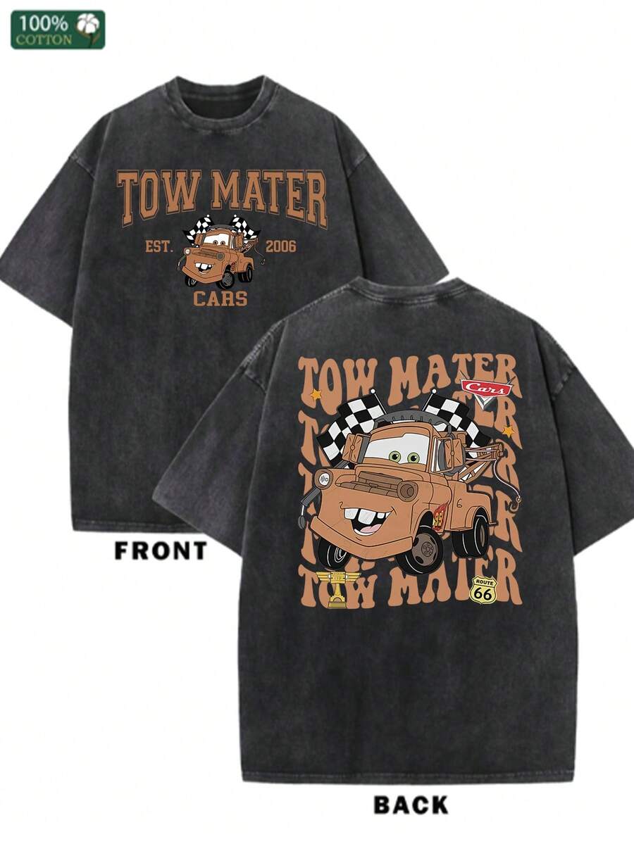 1 New Disney Cotton Washed T-Shirt, Disney Racing Story Die Tow Mater Printing, Round Neck Leisure And Comfortable Cotton Washed T-Shirt, Suitable For Sports And Daily Wear, A Good Choice For Gifts, A Must For Parties, High-Quality Clothing, Suitable For Gifts. - màu đen - Xem 1