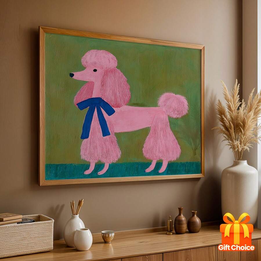 1幅粉色贵宾犬墙画 - 柔和的绿色和粉色狗狗油画,简约可爱的帆布海报,适合房间装饰,乔迁礼物 - 不含画框 - J - 查看 1