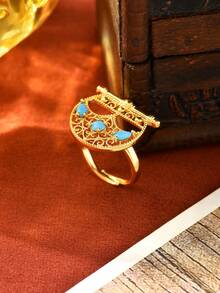 1pc Vintage Bohemian Style Hollow Moon Zirconia Copper Plated Gold Adjustable Ring, Women's Daily, Holiday, Gift Accessory - Multicolor - View 9