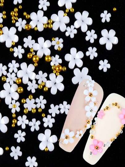 200个装白色和粉色树脂五瓣花美甲装饰品，配金色和银色珠子