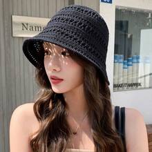 Spring Hot Item, Summer Fashionable Hollow Woven Bucket Hat, Women's Outdoor Face Enhancing Small Wide Brimmed Knitted Basin Hat, Casual Versatile Sun Hat - 黑色 - 查看 1