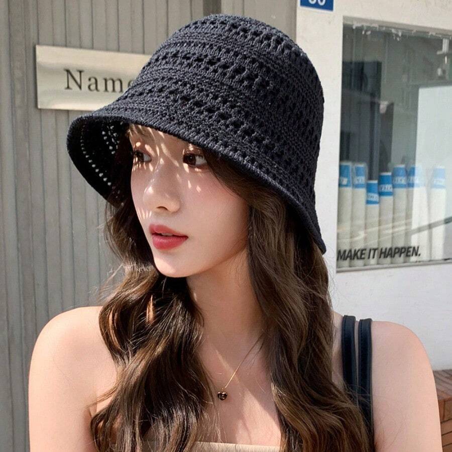 Spring Hot Item, Summer Fashionable Hollow Woven Bucket Hat, Women's Outdoor Face Enhancing Small Wide Brimmed Knitted Basin Hat, Casual Versatile Sun Hat - 黑色 - 查看 1