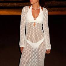 Women's New Casual Long Knitted Cover Up Dress, Suitable For Vacation And Beach Wear - White - View 1