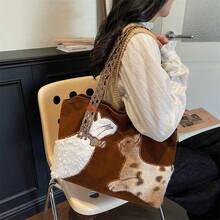 1个秋冬季毛绒“猫咪对话”刺绣手提包，时尚大容量单肩包，女士款 - 彩色 - 查看 4