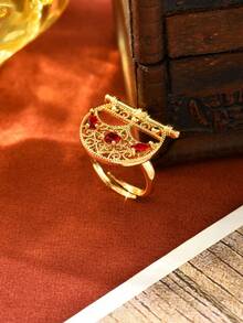 1pc Vintage Bohemian Style Hollow Moon Zirconia Copper Plated Gold Adjustable Ring, Women's Daily, Holiday, Gift Accessory - Multicolor - View 10