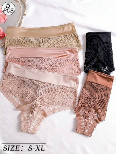 5pcs/Pack Women's Solid Color Seamless Panties, Patchwork Design, Floral Lace Trim, Basic Thong