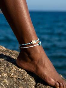 2pcs Bohemian Summer Ocean Style Beaded Anklets, Versatile Starfish & Turtle Bead Foot Jewelry, Gift Choice - Multicolor - View 2
