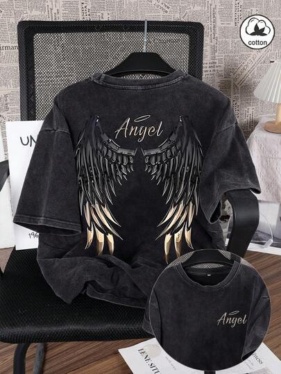 RELL 女士纯棉趣味“天使翅膀”图案时尚休闲水洗T恤，柔软舒适，适合日常穿着，嘻哈Y2K风格，百搭街头风，可机洗