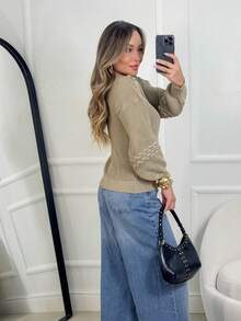 Women's Knit Blouse With Inverted Braid, Long Puff Sleeves, Ribbed Cuffs, Fashion Knitwear For Winter - Sand - View 2